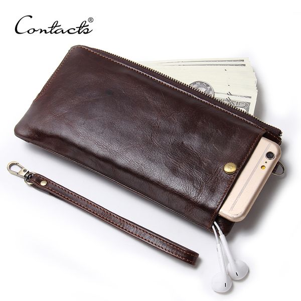 

contact's wristlet bag genuine leather cellphone holder clutch wallets men holder long purses with zipper coin bag, Red;black