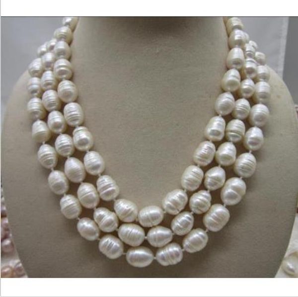 

3 row 11-13mm natural white south sea pearl necklace yellow clasp 17-18-19 inch, Silver