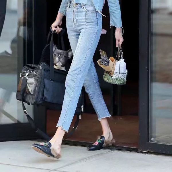 

2018 new style high street jeans women spliced ankle-length jeans high wait loose straight leg exposed fake zipper, Blue
