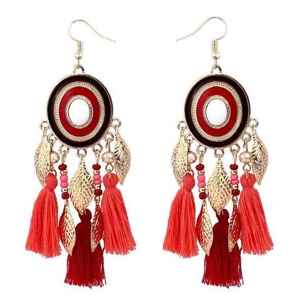 

4 colors mix bohemian statement earrings gold plated round circle cotton fringe tassel earring leaf dangle drop earring lx, Silver