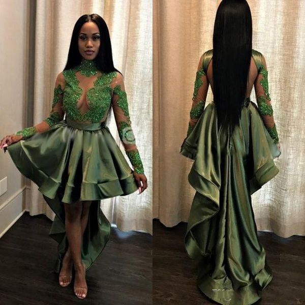 

African olive green black girl high low prom dre e 2018 ee through applique equin heer long leeve evening gown