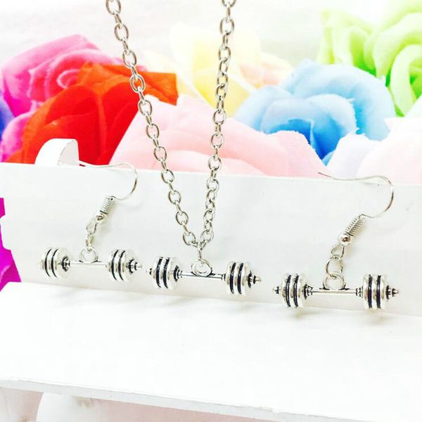 

горячие продажи сплава античное серебро гантели штанга подвески кулон ожерелье серьги набор мода творческие женщины ювелирные изделия аксесс, Silver