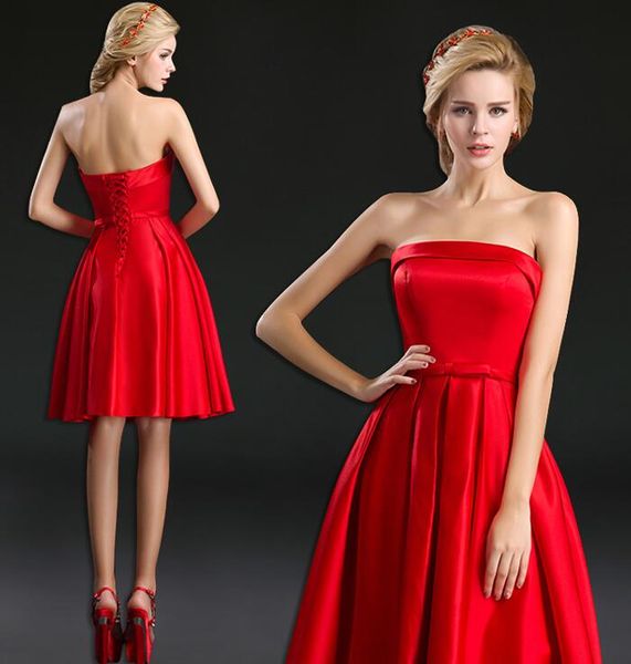 Wunderschöne kurze Heimkehrkleider, rotes Satin-Partykleid, trägerlos, ärmellos, einfach, günstig, maßgeschneidertes Abschluss-Abschlussballkleid