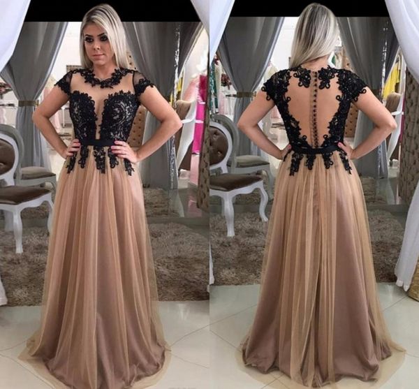 Preto Marrom Lace Tulle Vestidos de Noite Sheer Neck Apliques Até O Chão Vestidos de Baile Illusion Voltar Elegante Vestidos de Noite