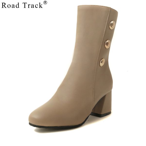

road track women winter pu leather boots round toe square heels side zipper rivet design shoes ladies high heel boot xwc3035-5, Black