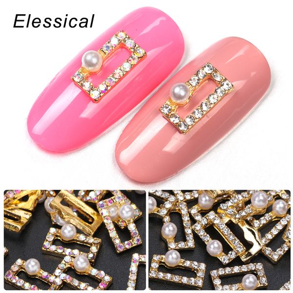 

elessical 10pcs square design alloy nail charms ab rhinestones strass with white pearl for nails hollow 3d nail art decorations, Silver;gold