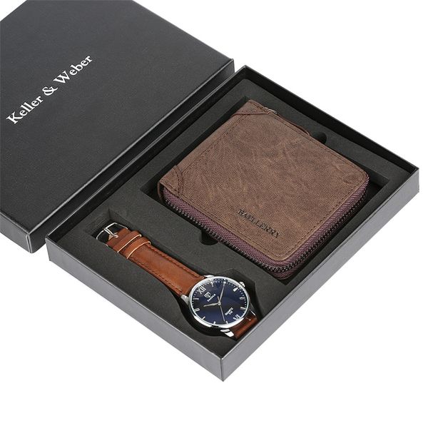 

brown quartz wristwatches men pu leather wallet zipper design male boy friends husband business gifts set luxury relogios gift, Slivery;brown