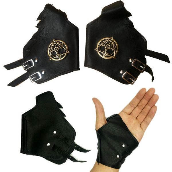 

anime full metal alchemist logo punk black leather glove cosplay guantes gift size, Blue;gray