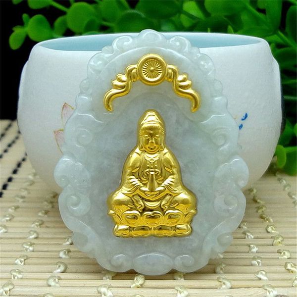 

new gold inlaid jade emerald pendant guanyin buddha jade pendant couple, Silver