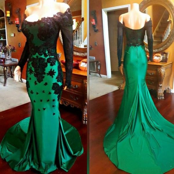 

elegant dark green prom party gowns prom dresses black lace applique off the shoulder evening dresses long sleeve vestido de festa longo