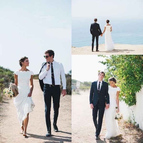 

2019 elegant new beach wedding dresses cap sleeve scalloped neck full lace sheath bridal gowns floor length custom made beach wedding, White