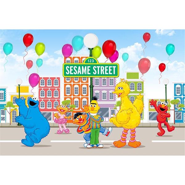 Pedaço de fotografia com tema de festa de aniversário de rua Sésamo Balões coloridos Elmo World bebê crianças crianças foto estúdio fundo