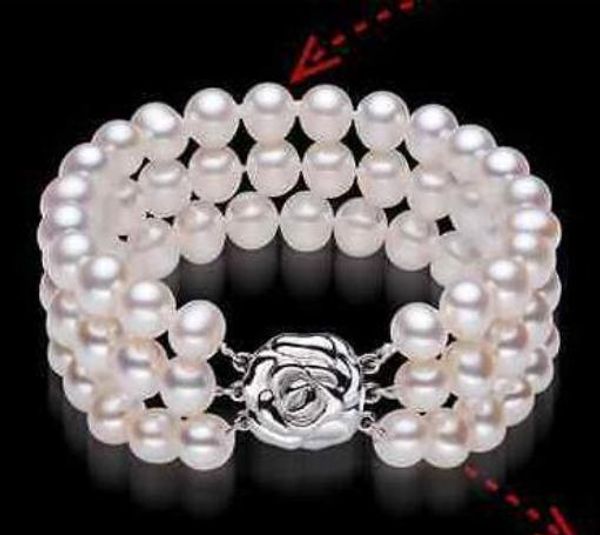 Triplo Vertentes bracelete frisado 8-9mm Natural South Seas White Pearl Bracelet 7,5-8 Inch 925 fecho de prata