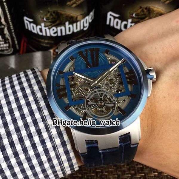 

new executive 1713-139 skeletontourbillon 1713-139/43 blue skeleton dial automatic mens watch pvd blue bezel leather strap watches, Slivery;brown