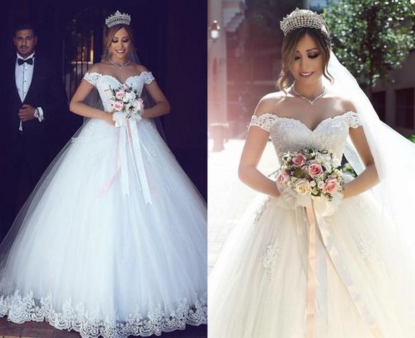 

romantic v neck 2018 lace wedding dress ball gown off the shoulder short sleeves tulle applique corset back plus size white ivory