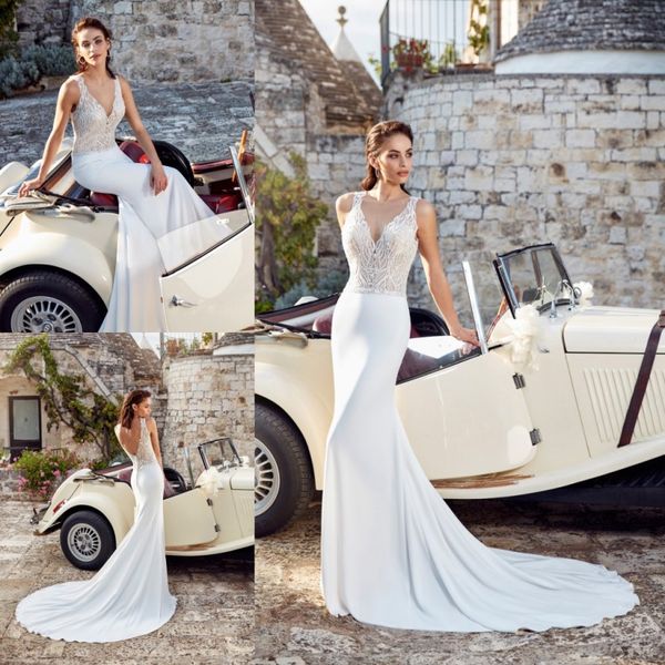 

eddy k 2018 русалка атласные свадебные платья из бисера кружева аппликация sexy v шеи спинки свадебные платья развертки поезд труба свадебно, White