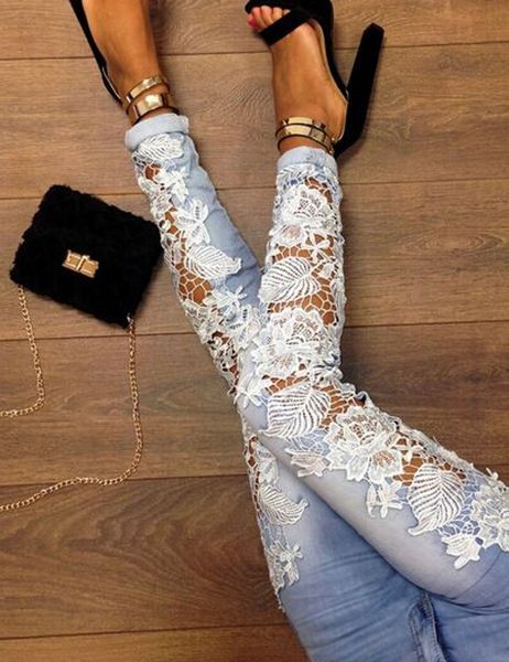 

high waist jeans skinny perspective side lace stitching slim denim pants pencil big size jeans femme bmy8622, Blue