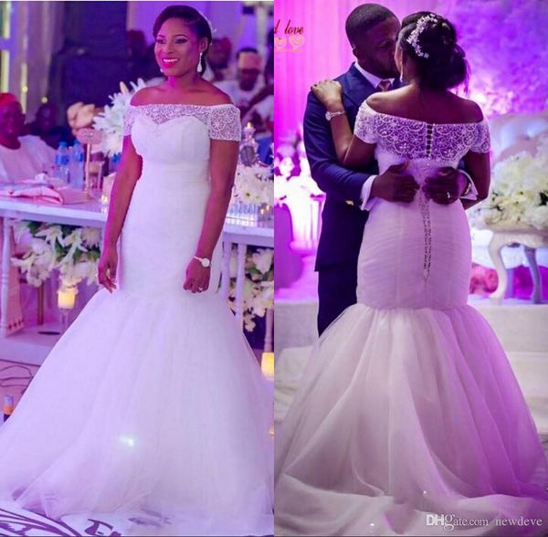 

plus size wedding dresses 2018 beaded mermaid off the shoulder bridal gowns capped sleeves lace wedding dress, White