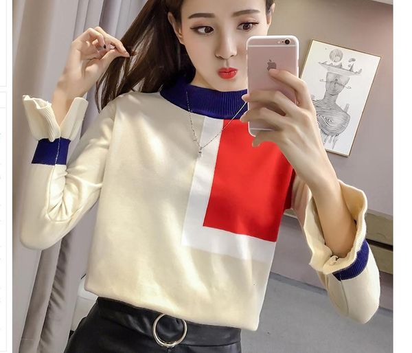

send 2018 autumn new style korean female set head geometric pattern horn sleeve sweater, White;black