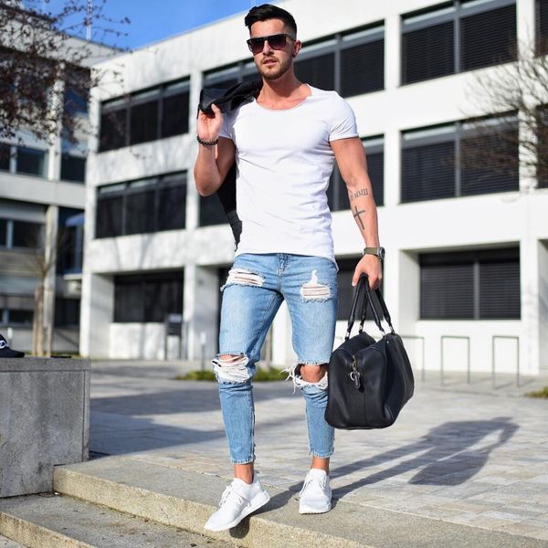 

2018 new men ripped holes jeans zip skinny biker jeans blue with pleated patchwork slim fit hip hop men pants s-4xl