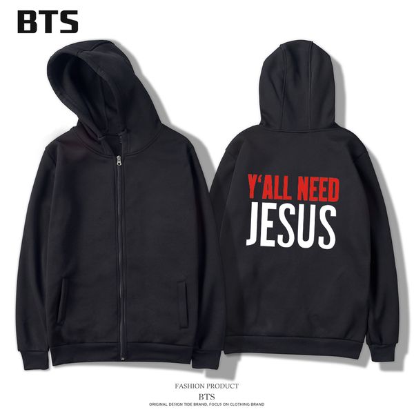 

bts winter dress y'all need jesus letters print men women cotton zipper hooded sweatshirt with hat, Black