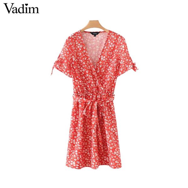 

vadim retro floral print mini dress cross v neck bow tie sashes kimono style elastic waist female sweet dresses vestidos qa300, Black;gray
