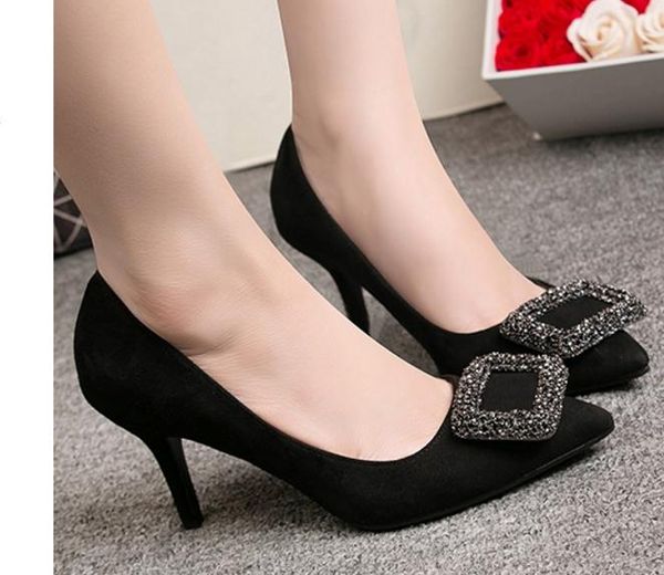 

send 2018 shallow mouth single shoes spring and autumn new style pointed end high heels fine heel and diamond woman shoes., Black