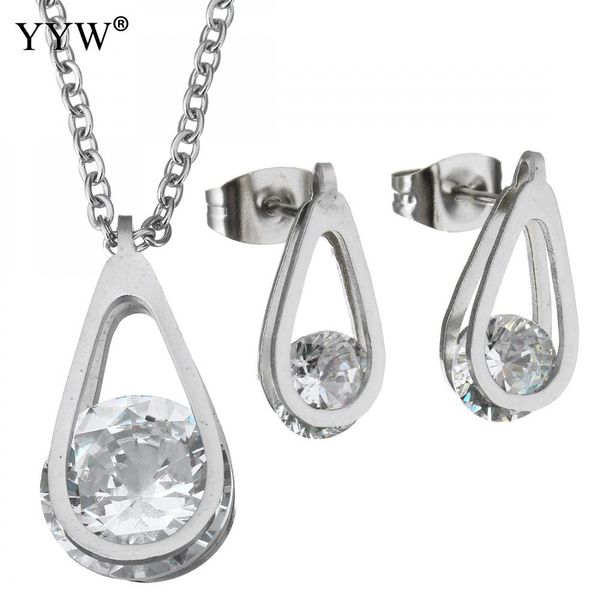 

jewelry set for women teardrop necklace earring original color oval chain necklace stainless steel jewelry set with rhinestone, Silver