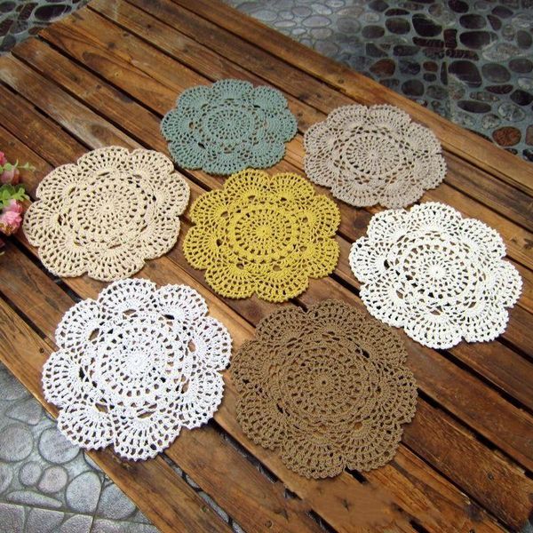 Tapete De Renda De Algodão artesanal Rodada Talheres Pad 20 cm Copo Colorido Crochet Weave Coasters Para Vaso Decoração 1 6jy BY