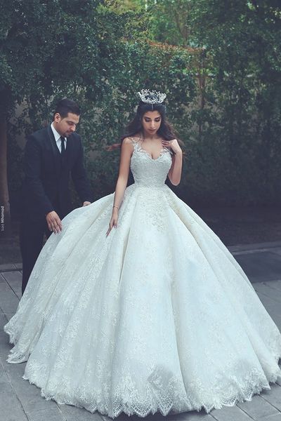

said mhamad 2018 new designer lace ball gown wedding dresses princess spaghetti straps applique backless white bridal gowns wedding dress