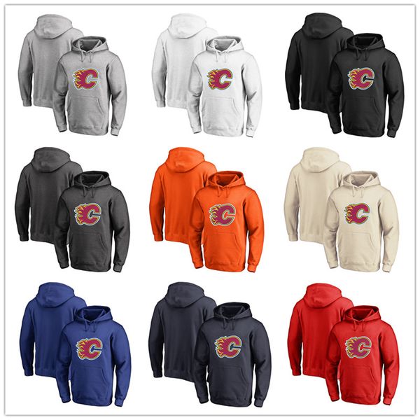 

men's calgary flames fanatics branded black ash white red orange embroidery primary logo pullover hoodies long sleeve outdoor wear, Blue;black