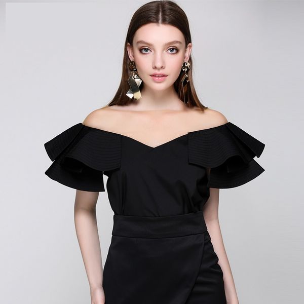 

brand designer ruffles slash neck blouses 2018 high fashion streetwear frilled black shirts party cocktail evening, White