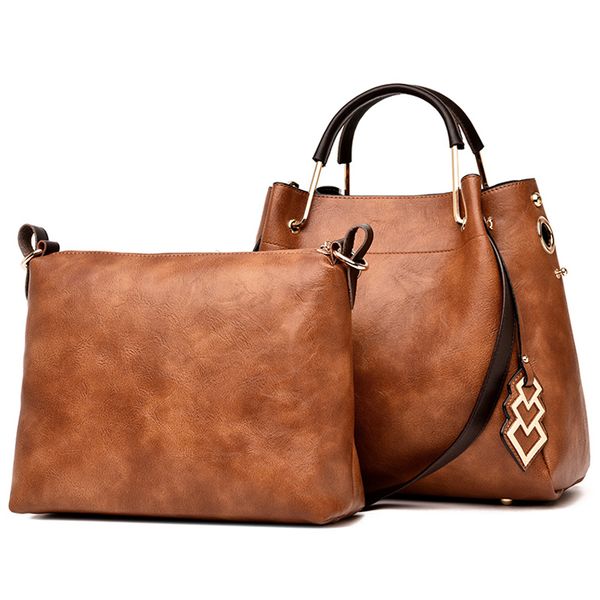 

2 sets women bag oil wax women's leather handbags luxury lady metal hand bags women messenger bag tote sac a main bolsos mujer