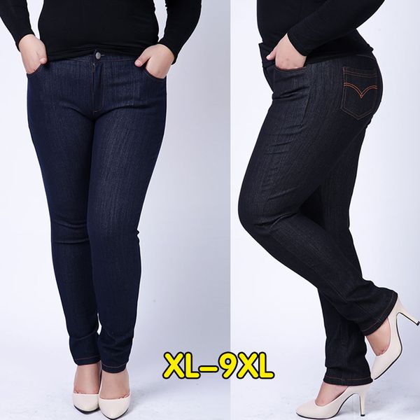 

large size jeans ladies thin cotton stretch feet pants pencil pants jeans ladies high waist 5xl6xl7xl8xl9xl large, Blue