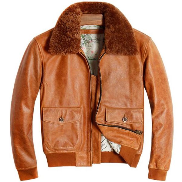 

pilot leather jacket men vintage flight genuine cowhide leather jacket fur collar winter russian pilot coat, Black