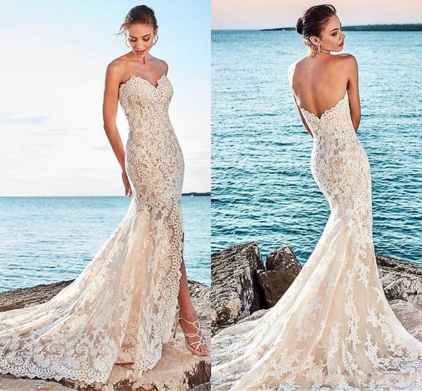 

New de igner champagne plit beach wedding dre e 2018 full lace mermaid bridal gown court train robe de mariÃ©e