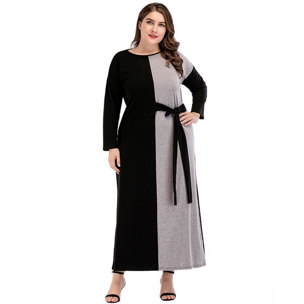 

185732 big yard women's middle east muslim women's euramerica round neck contrast belt stitching dresses musliman vestidos ramadan, Red