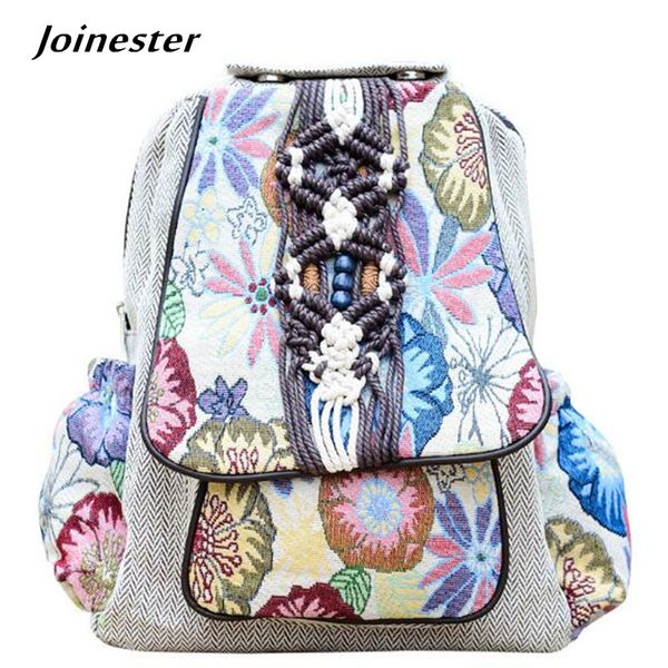 

durable cotton linen ethnic backpack flower embroider beading flap rucksack for school travel college student daypack satchel