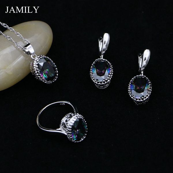 

jamily 925 sterling silver jewelry sets mystic rainbow fire cubic zirconia beads for women earrings/pendant/ring/necklace set, Slivery;golden