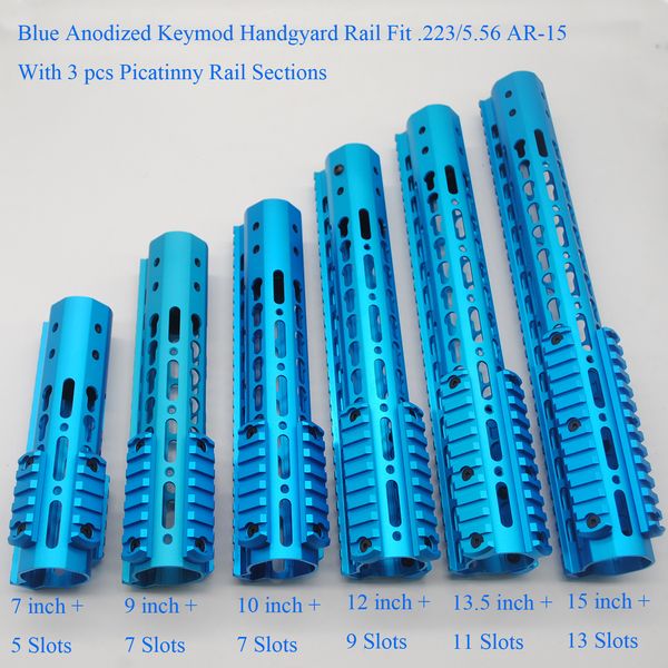 7/9/10/12 / 13.5 / 15 '' Zoll Keymod Handschutzschiene + 3 Stück Picatinny Abschnitte System_Blue Farbe Eloxiert + Steel Barrel Nut