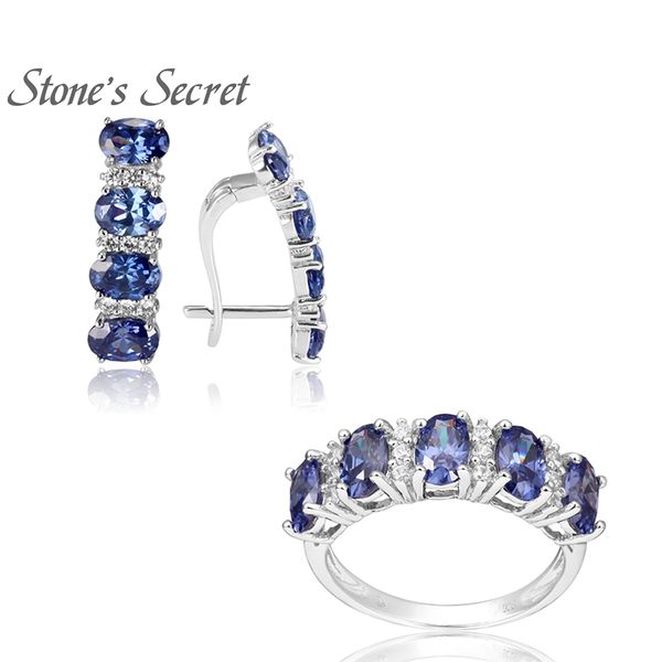 

7.75ctw tanzanite simulant or emerald simulant or ruby with white diamond rhodium over silver ring & earrings, Black