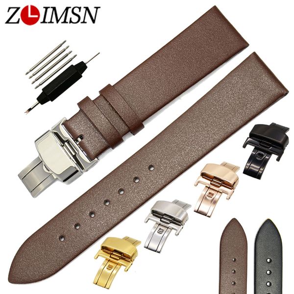 

zlimsn smooth soft genuine leather watch strap black brown 18 20 22mm watchband 316l stainless steel butterfly deployment buckle