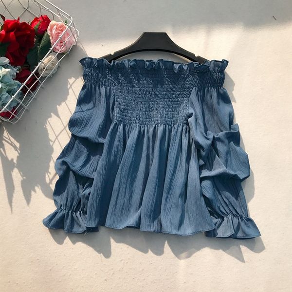 

new arrivals women chiffon long puff sleeves shirt women loose ruffles slash neck elastic swing casual blouse, White