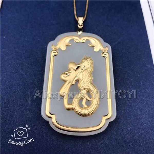 

beautiful natural white hetian jade + 18k solid gold inlaid dragon fu design amulet lucky pendant + necklace fine jewelry, Silver