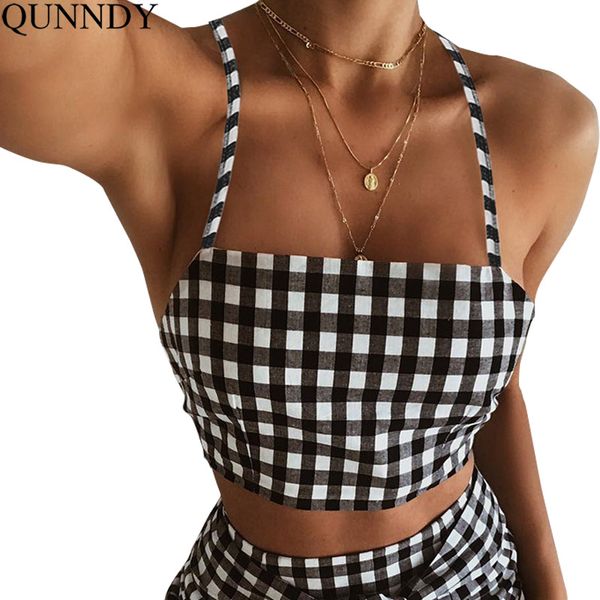 

qunndy women crop summer backless spaghetti strap tank plaid cropped feminino ladies elastic shirt vest camisole, White