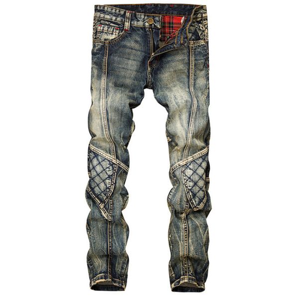 

men's jeans male straight tube stitching slim fold cat beard make old european version vintage 1, Blue