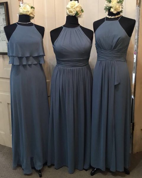 

actual pictures new gray bridesmaid dresses halter neck tiered ruffles backless sweep train maid of honor dress brautjungfer kleider, White;pink
