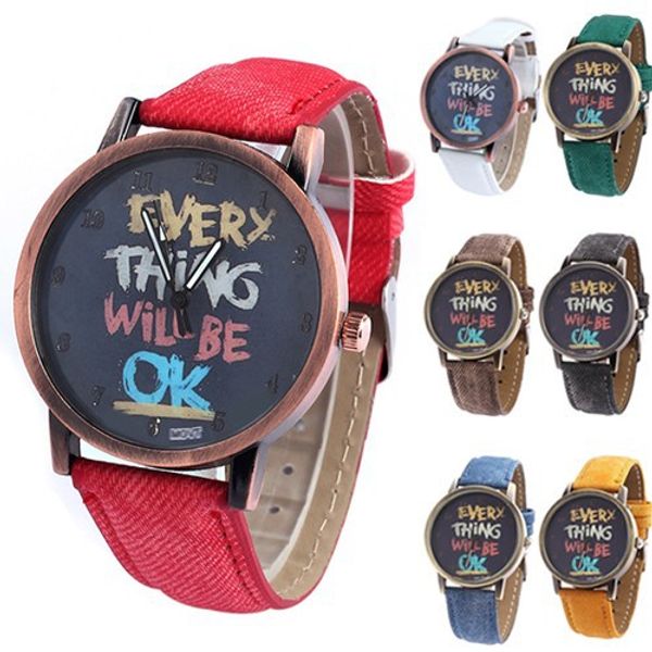 

2018 new men women vintage watches every thing will be ok denim band analog quartz dress lover wristwatch gift, Slivery;brown