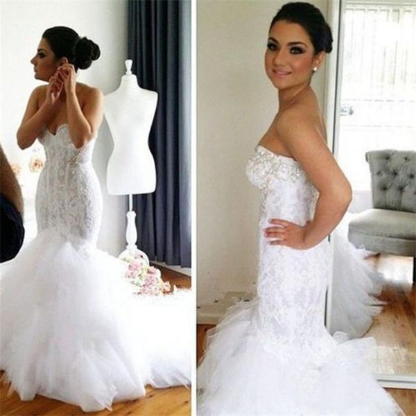 

beaded lace mermaid wedding dresses illusion bodice sweetheart white ruffled tulle backless wedding gown corset bridal gowns