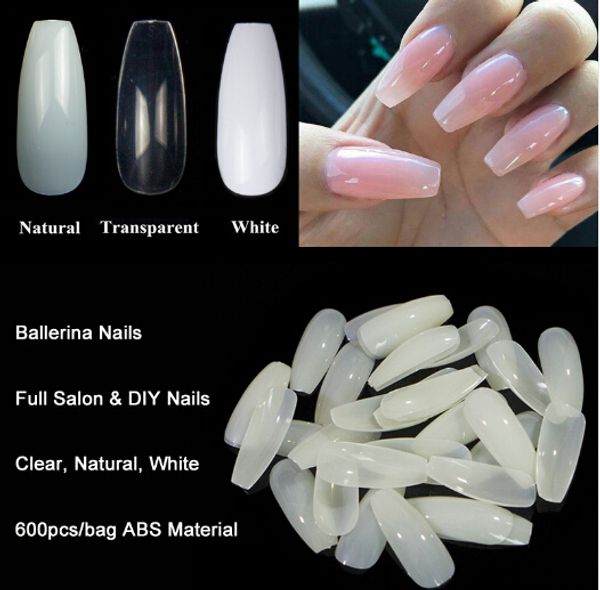 

wholesale 600pcs/bag ballerina nail art tips transparent/natural false coffin nails art tips flat shape full cover manicure fake nail tips, Red;gold